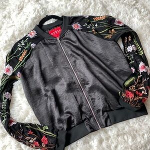 Guess Black and Red Bomber Jacket with Floral Embroidery